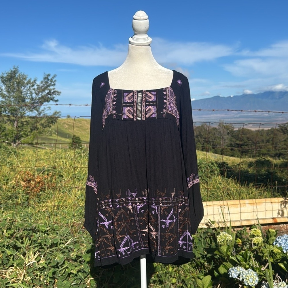 Free People Black Rhiannon Open Back  Embroidered Mini Dress Small